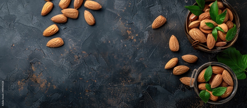 Poster Almond nuts both with and without shells arranged on a table with space for an image. copy space available