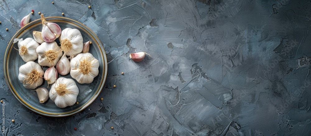 Poster Copy space image of fresh garlic bulbs and cloves displayed on a plate against a blue grey stone background shot from above with selective focus and shallow depth of field