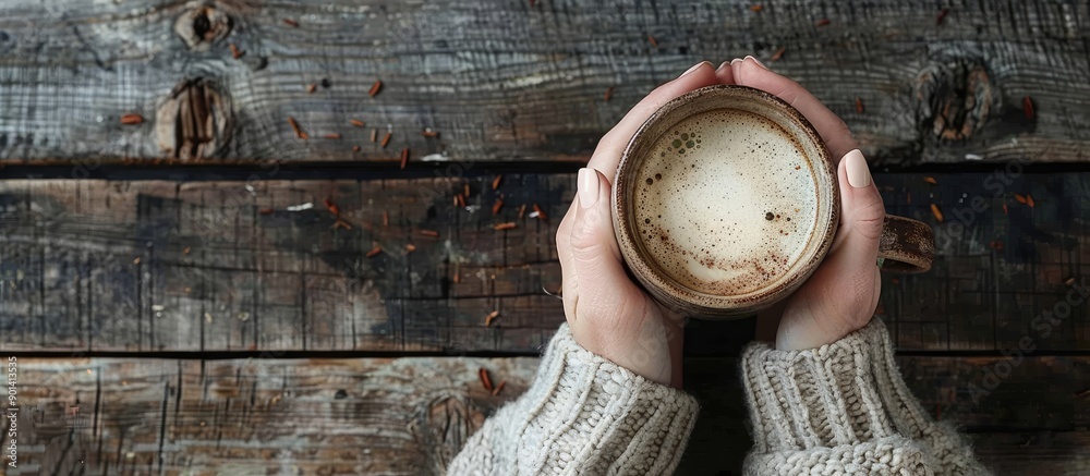 Aufkleber Hands of a woman in a gray sweater holding a cocoa mug against a rustic wooden backdrop with a space for adding more images. copy space available
