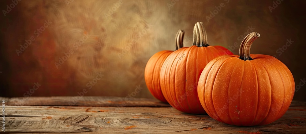 Poster Three pumpkins are displayed on a wooden table with copy space image
