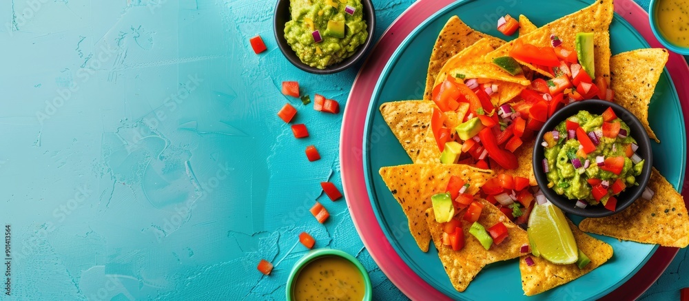 Aufkleber Plate with delicious nachos and guacamole on a colorful background with empty space for text or other elements in the image. copy space available