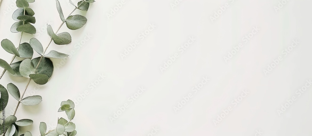 Leinwandbilder Top down view of a chic notepad paper and green eucalyptus twig on a plain white backdrop creating a feminine layout with copy space image