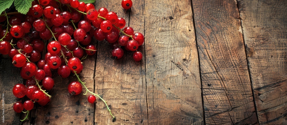 Poster ripe red currants displayed on a wooden surface with copy space image