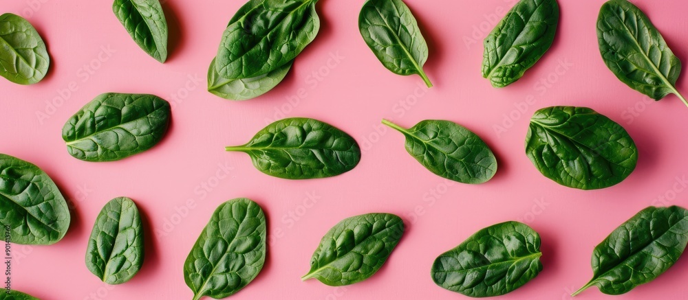 Poster Green spinach leaves on a pink background in a flat lay top view offering a creative food concept with a vegetable pattern design for a healthy lifestyle ideal for use as a copy space image