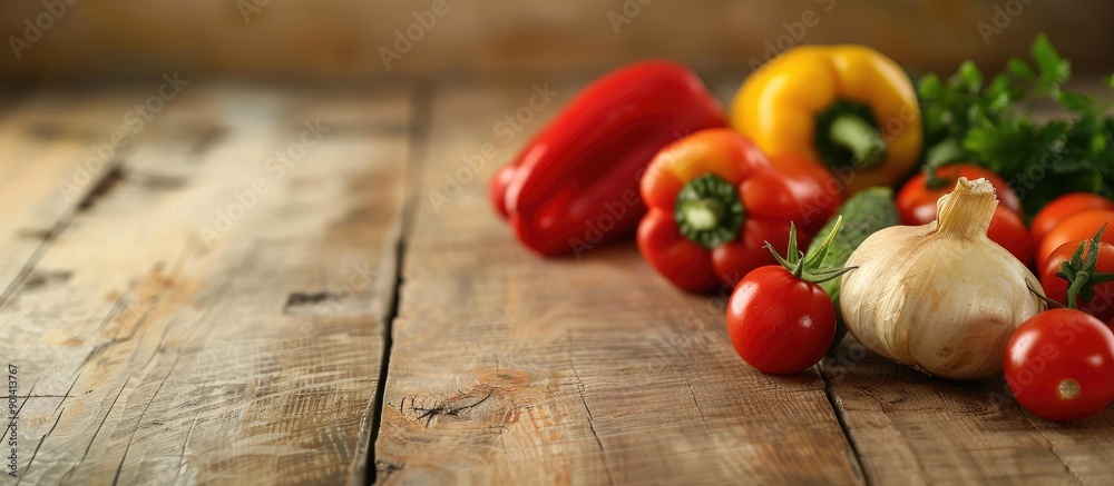Poster Position a collection of fresh organic vegetables on a wooden surface to create a visually appealing copy space image
