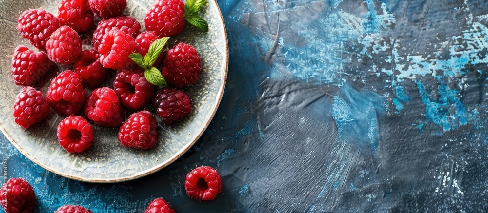 Poster A ceramic plate with fresh raspberries on a rustic blue desk providing a perfect background for a copy space image