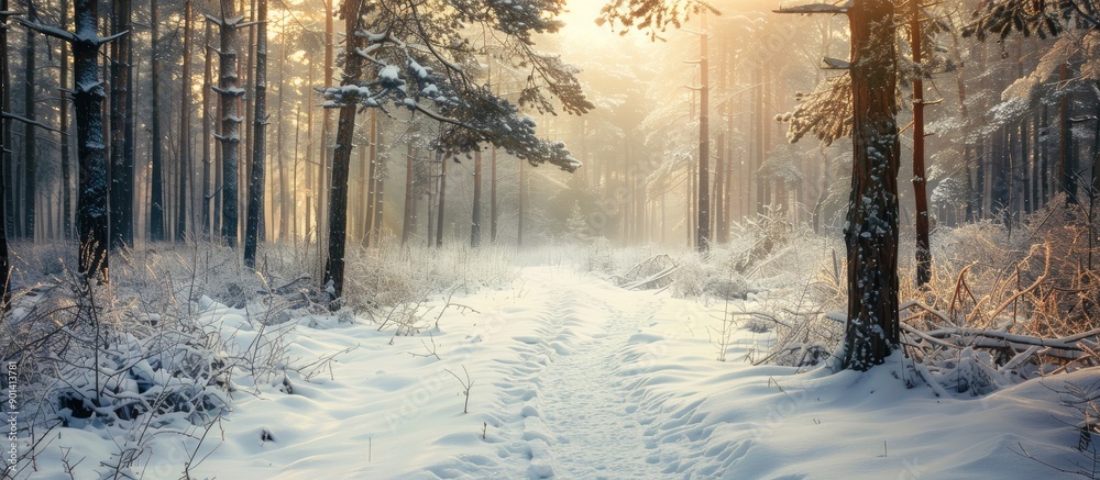 Aufkleber a scenic wintry path meanders through a snowy forest setting with a captivating copy space image