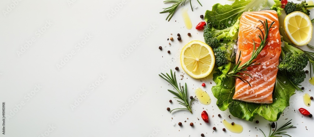 Poster Salmon slice with lettuce peppercorn lemon and rosemary on white background with space for copying the image