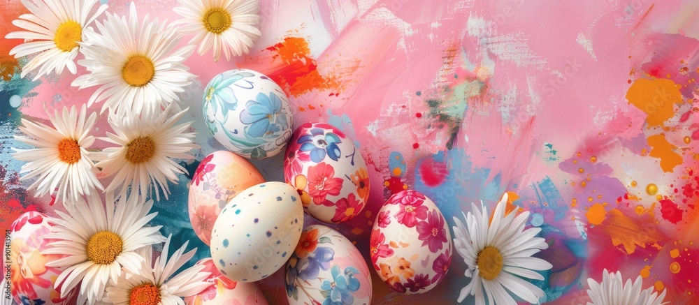 Wall mural Floral Easter eggs with a colorful background perfect for a copy space image