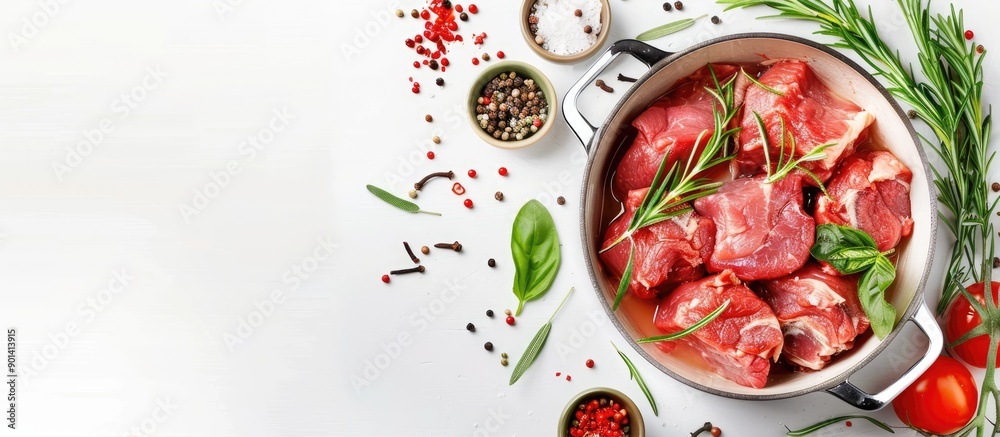 Poster copy space image of a clear pot filled with raw meat surrounded by spices and herbs on a white backd