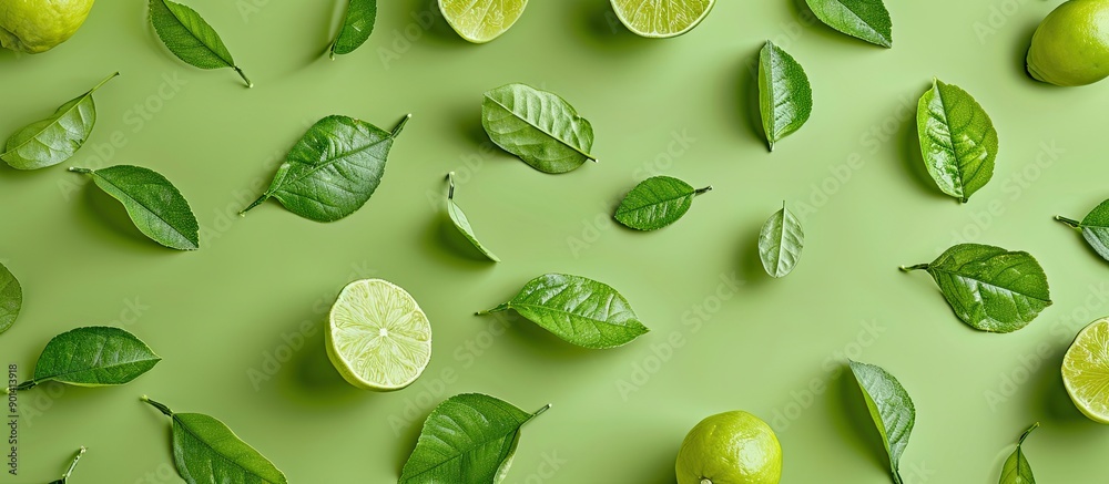 Aufkleber Trendy summer and spring arrangement of fresh lime leaves on a stylish green backdrop with ample space for adding text or images