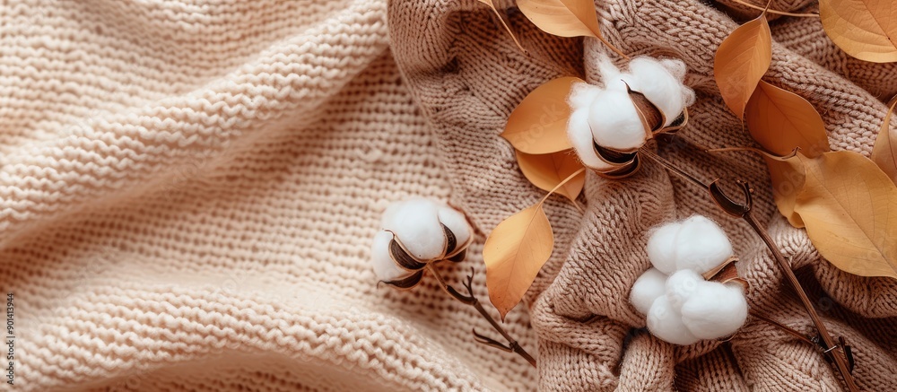 Poster Top view copy space image featuring a cozy autumn setup with cotton flowers on a knitted beige sweater or plaid background embodying a fall concept with a touch of cozy lifestyle details