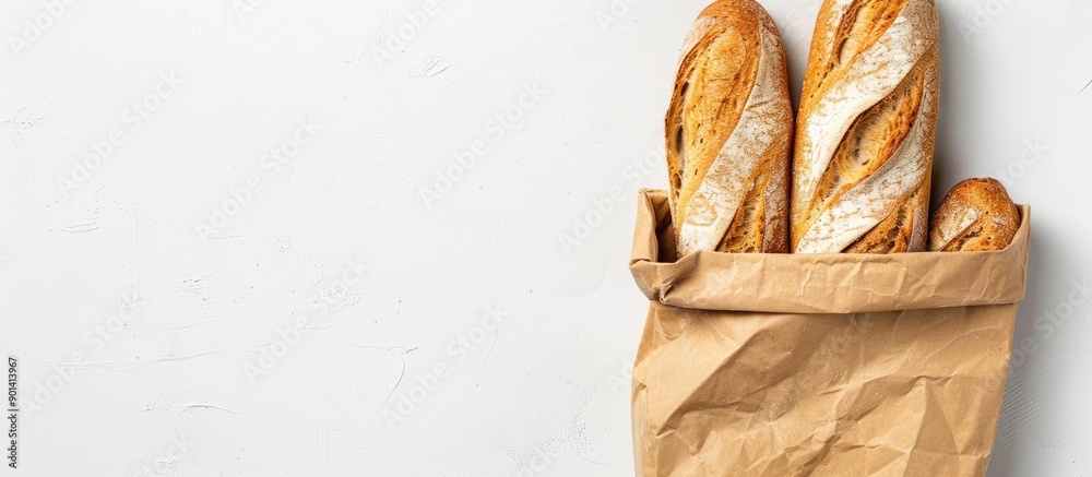 Poster Top view of a bread filled paper bag on a white background with space for text in the image. copy space available