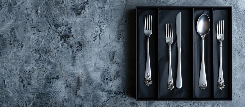 Aerial shot of a silver cutlery set in a black box on a gray concrete surface with copy space image included