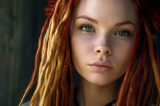 Caucasian woman with long blond and red dreadlocks hairstyle