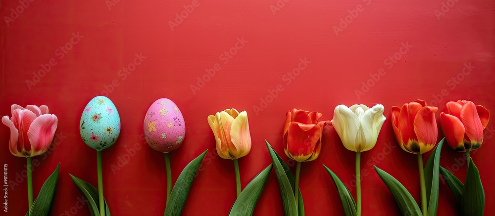 Fototapete a row of tulips with easter eggs against a red backdrop makes a festive copy space image