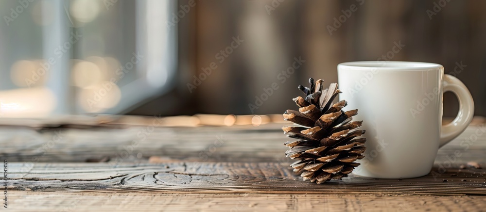 Poster coffee cup next to a dried pine cone on wooden table creating a cozy ambiance with copy space image