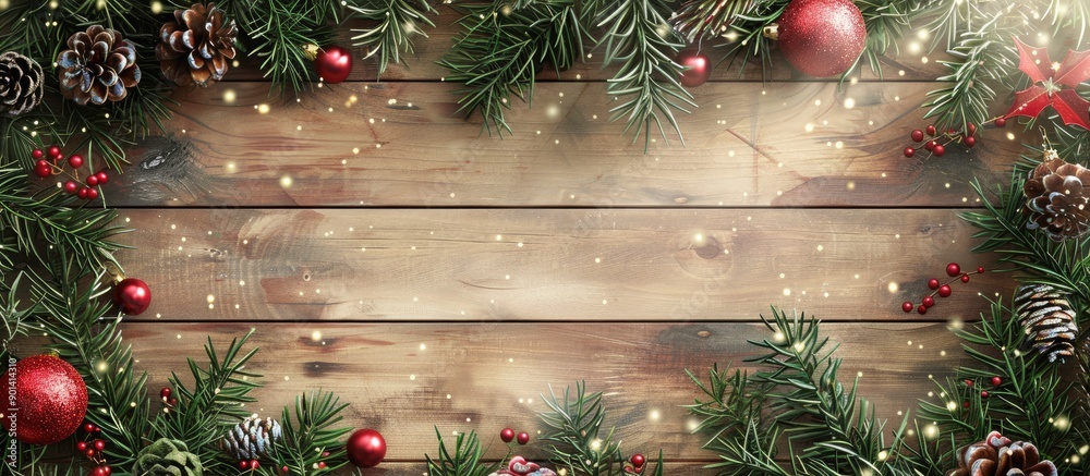 Aufkleber Natural light wooden plank background adorned with fir and Christmas baubles providing a serene setting for copy space image