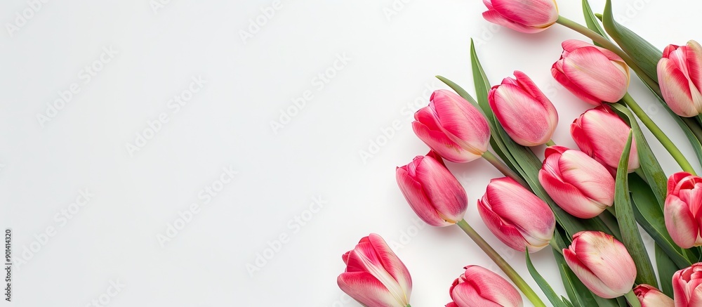 Poster a banner displaying top view of a bouquet of pink tulips on white backdrop with copy space image sho