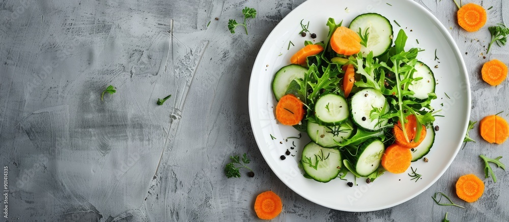 Poster Minimalist style photo of a green salad with cucumbers and carrots on a white plate against a grey backdrop with a horizontal orientation and space for text. copy space available