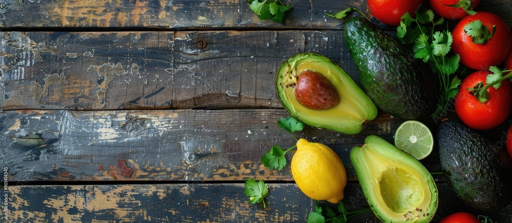 Poster Ingredients for delicious guacamole arranged on a wooden surface with copy space for an image perfect for a food blog