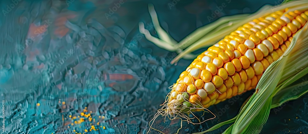 Poster a yellow corn cob with green husk on a bright surface providing copy space for text or images is sho