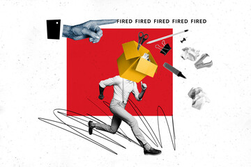 3D photo collage sketch image of business boss finger point task way direction young person run...