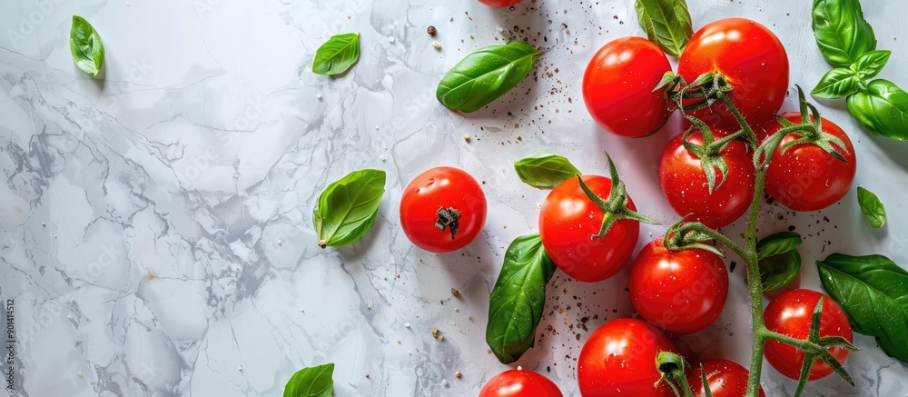 Poster top down view flat lay of vibrant garden tomatoes and basil leaves on a kitchen table with copy spac