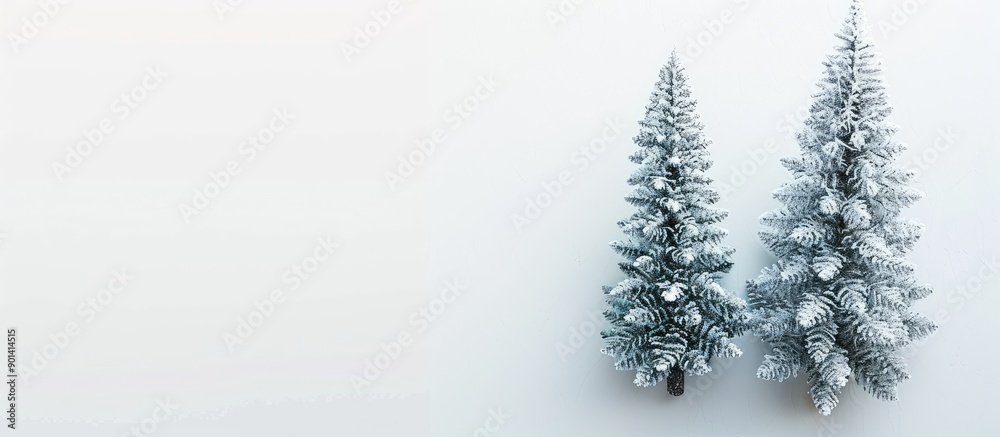 Aufkleber Two Christmas trees on a white background creating a festive holiday setting with a flat lay and top view perfect for a copy space image
