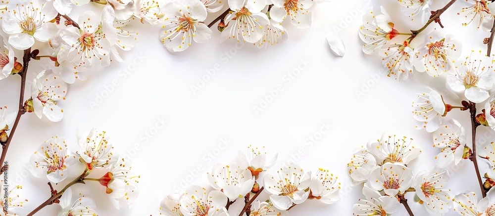 Aufkleber Top view of apricot blossoms creating a spring frame on a white background with copy space image embodying the essence of the spring season