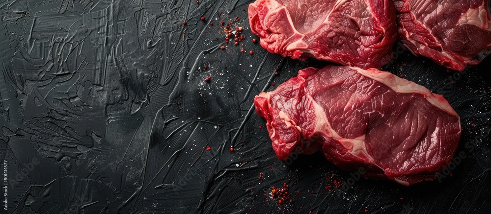Poster close up shot of raw meat on a black backdrop with copy space image