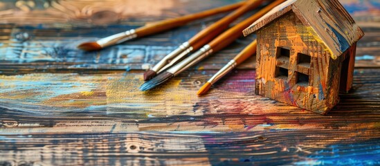 Decorative wooden house complemented by an art brush set in a visually appealing copy space image