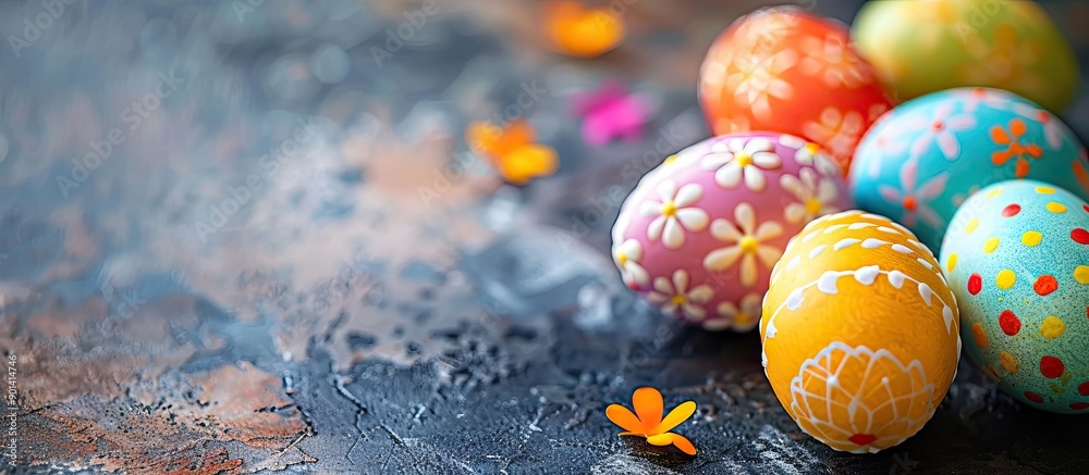 Sticker Easter themed background featuring decorated eggs with copy space image Wishing you a joyful Easter celebration