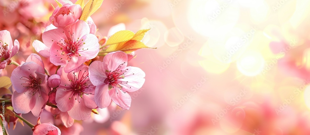 Aufkleber Spring themed horizontal banner featuring pink sakura flowers against a sunny backdrop The fresh bloom provides a lovely nature inspired setting with a branch of blooming sakura perfect for a copy sp