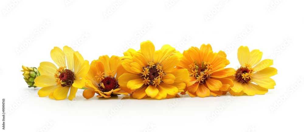 Aufkleber yellow zinnia flowers in bloom arranged as a bouquet set against a white background for a clear copy