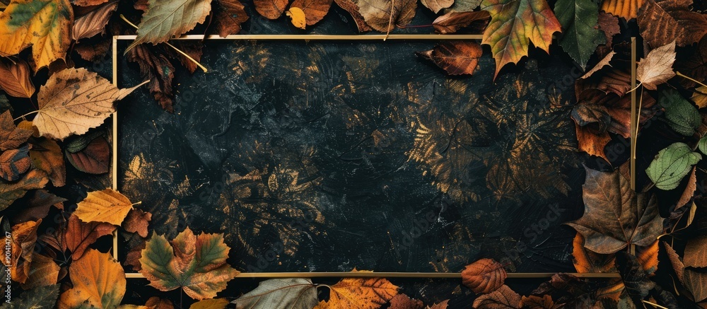 Poster Low key autumn leaves with a vintage dark tone and a golden frame for a greeting card template set against a nature background with copy space image