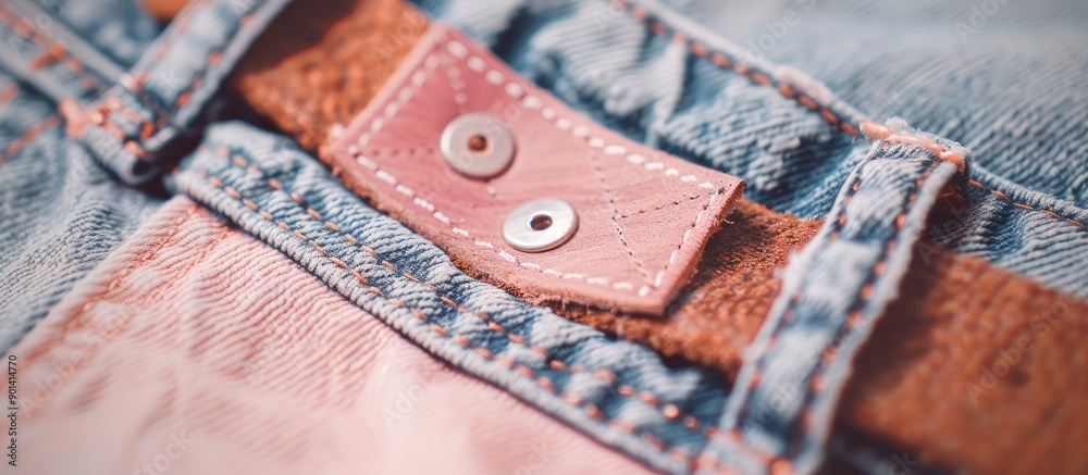 Aufkleber denim jeans in a soft shade of pink with a leather tag that provides space for text or images. copy 