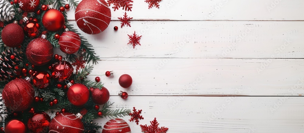 Aufkleber a festive display of red christmas ornaments atop a white wooden table offering a perfect spot for a