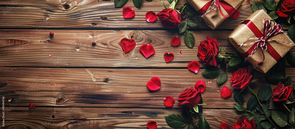 Leinwandbilder valentine s day greeting card concept with red roses and a gift box on a rustic wooden backdrop idea