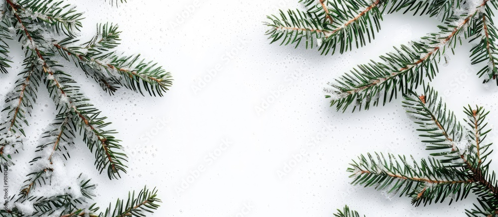 Aufkleber Winter themed card with fir tree branches covered in snow against a white backdrop perfect for adding text or graphics in the copy space image