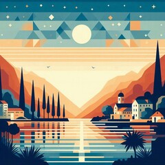 Naklejka premium Montenegro geometric art style landscape. AI generated illustration