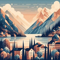 Fototapeta premium Montenegro geometric art style landscape. AI generated illustration