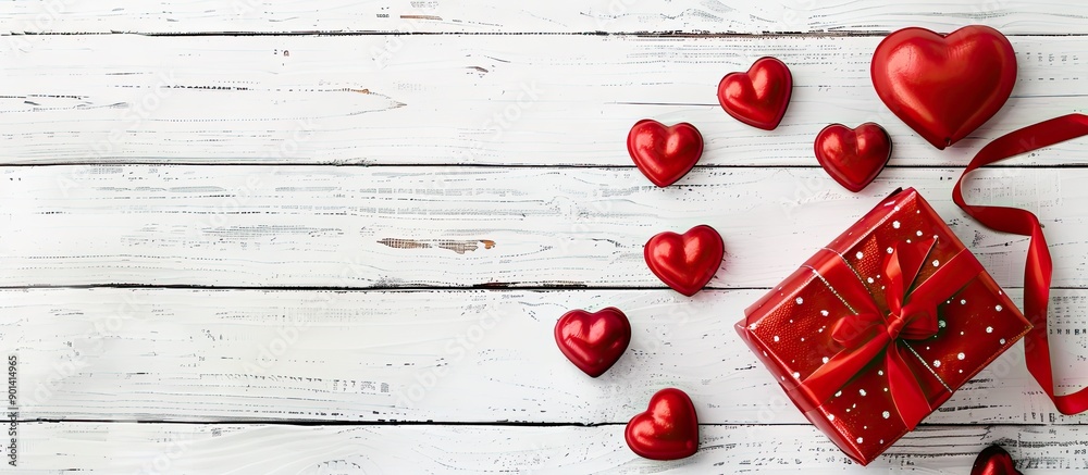 Leinwandbilder red toy hearts and a gift box for valentine s day arranged on a white wooden table with a top down v