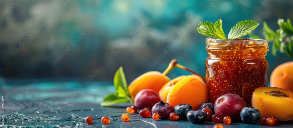 Poster Jam jar placed on a table with apricot jam and fresh fruit creating a vibrant display with a copy space image