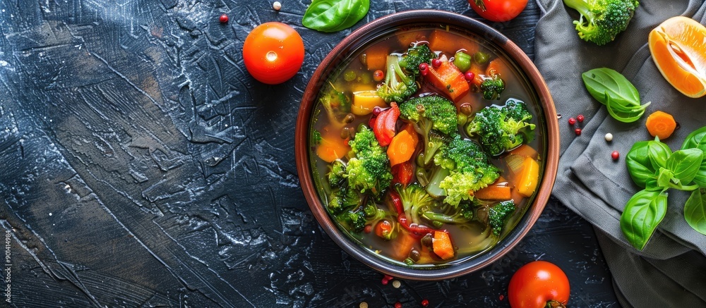 Poster A vegetarian first course option featuring broccoli and other vegetables in a vegan broth ideal for keto or paleo diets with a rustic background and space for text in the top view copy space image