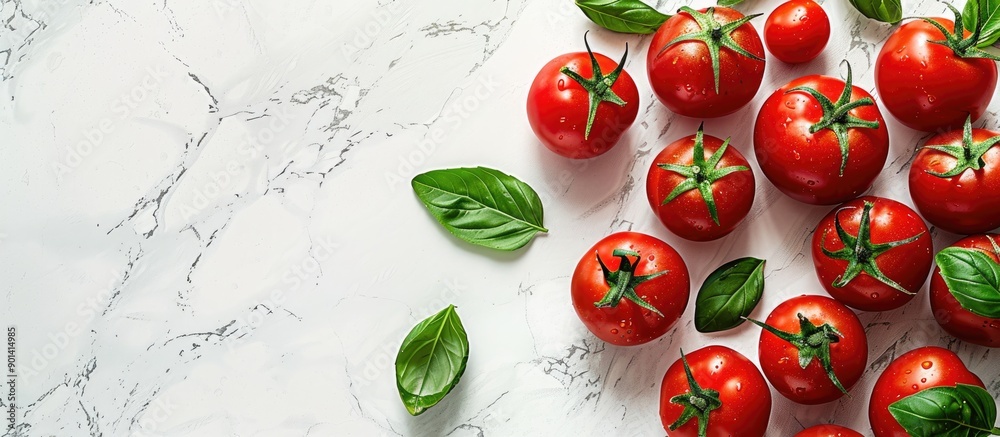 Poster Top down view flat lay of vibrant garden tomatoes and basil leaves on a kitchen table with copy space image
