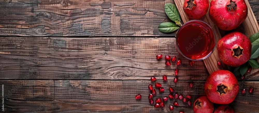 Poster pomegranate fruit and a glass of red juice on wooden boards with copy space image