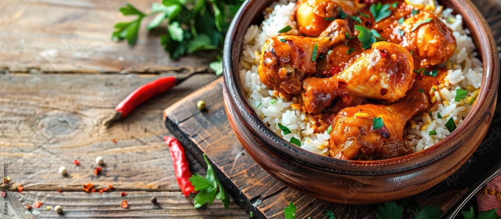 Aufkleber delicious rice curry accompanied by spicy chicken drumsticks in a tantalizing dish with a rustic tou