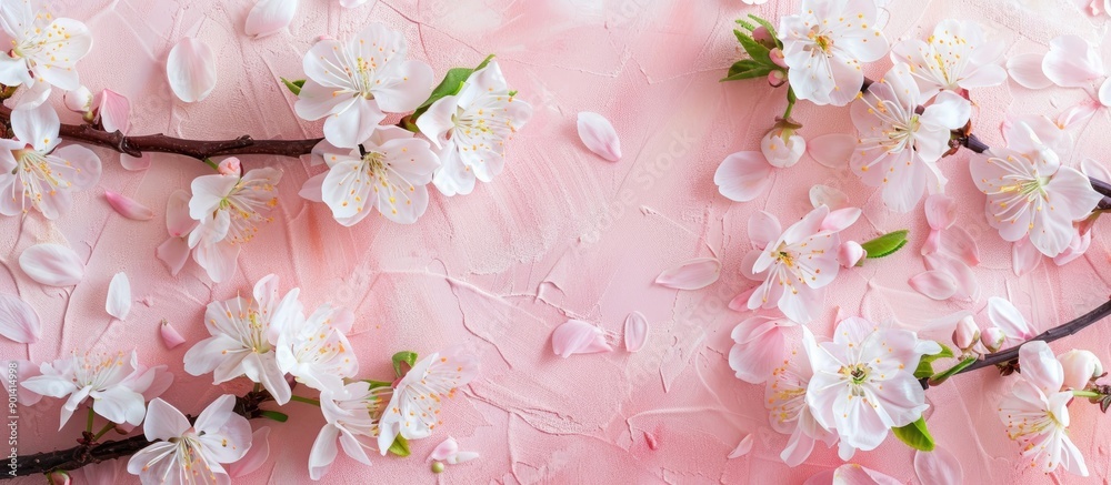 Aufkleber top view of apricot flowers on a pink surface with copy space image