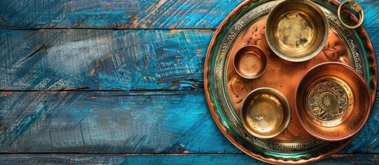 Indian style table setting with a tin tray copper pan and metal bowls on a blue wooden table providing a clear copy space image